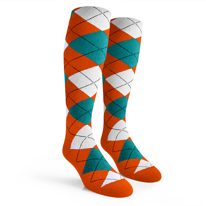 Argyle Socks - Mens Over-the-Calf - 5V: Orange/White/Teal
