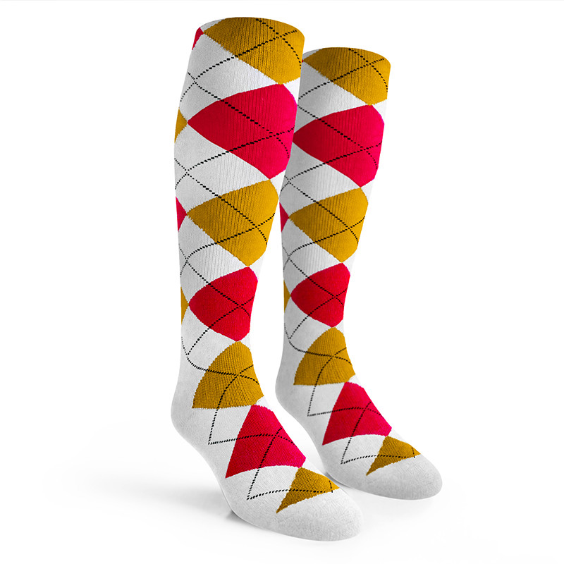 Argyle Socks - Mens Over-the-Calf - 5W: White/Gold/Red