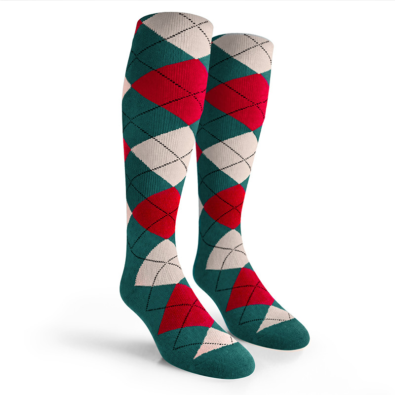 Argyle Socks - Mens Over-the-Calf - 5X: Teal/White/Red