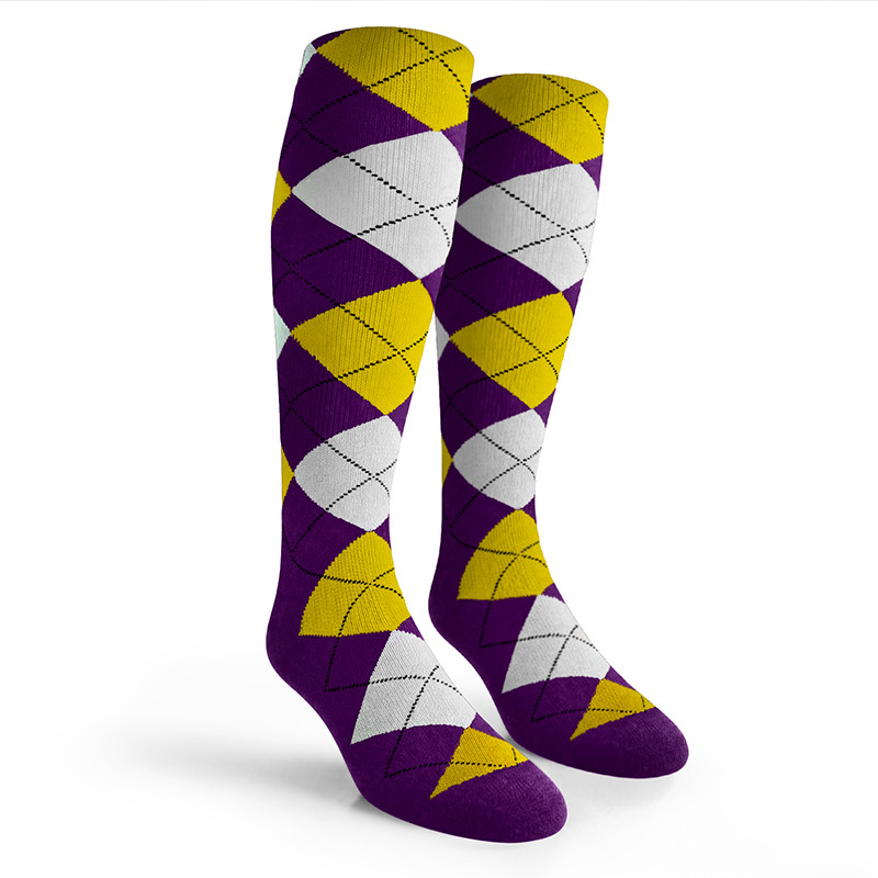 Argyle Socks - Ladies Over-the-Calf - 5Q: Purple/Yellow/White