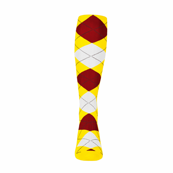 Ladies Over the Calf Argyle Sock Yellow, Maroon and White 360 View