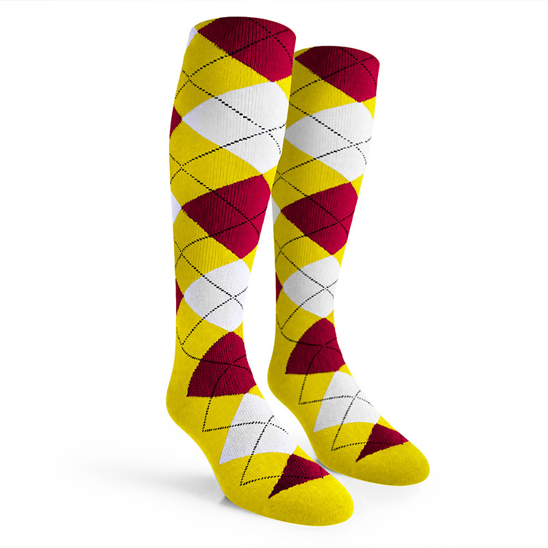Argyle Socks - Ladies Over-the-Calf - 5R: Yellow/Maroon/White