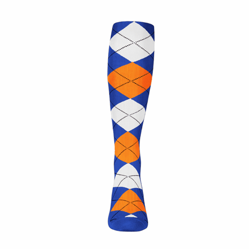Ladies Over the Calf Argyle Sock Royal Blue, White and Orange 360 View