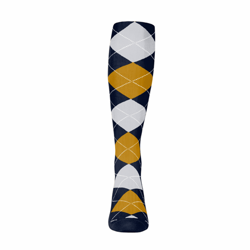 Ladies Over the Calf Argyle Sock Navy, White and Gold 360 View
