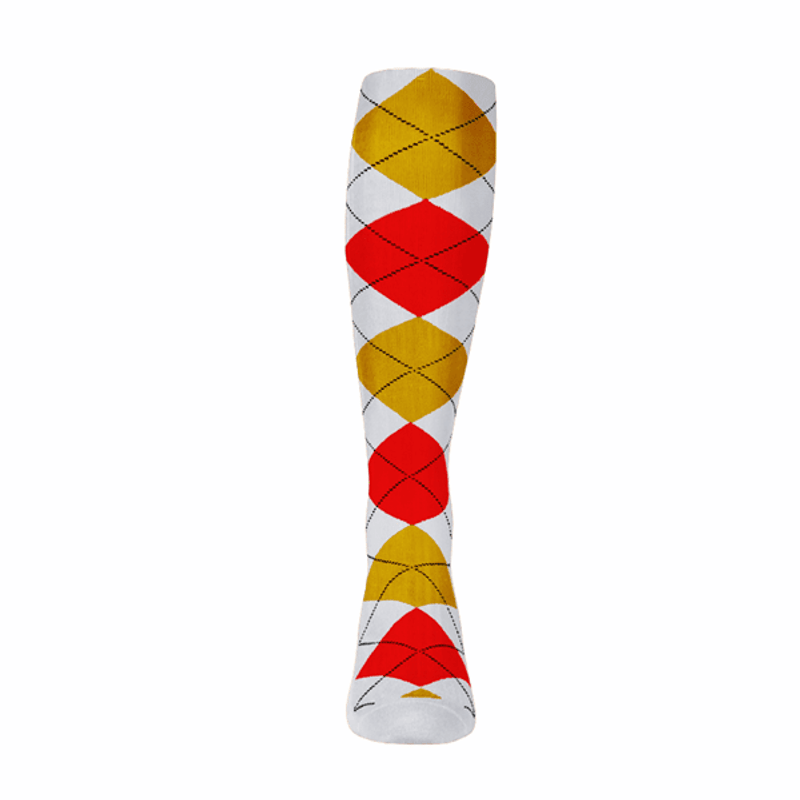 Ladies Over the Calf Argyle Sock White, Gold and Red 360 View