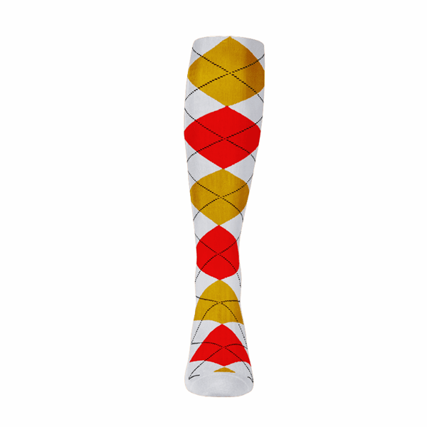 Ladies Over the Calf Argyle Sock White, Gold and Red 360 View