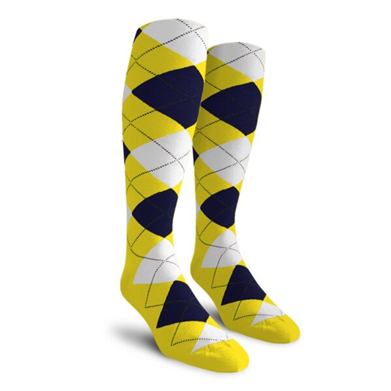 Ladies Over the Calf Argyle Socks Yellow, Navy and White