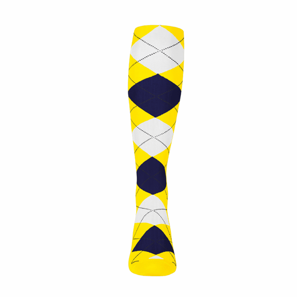 Ladies Over the Calf Argyle Sock Yellow, Navy and White 360 View