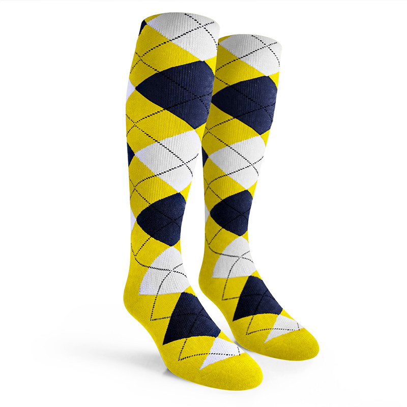 Argyle Socks - Ladies Over-the-Calf - 5Z: Yellow/Navy/White