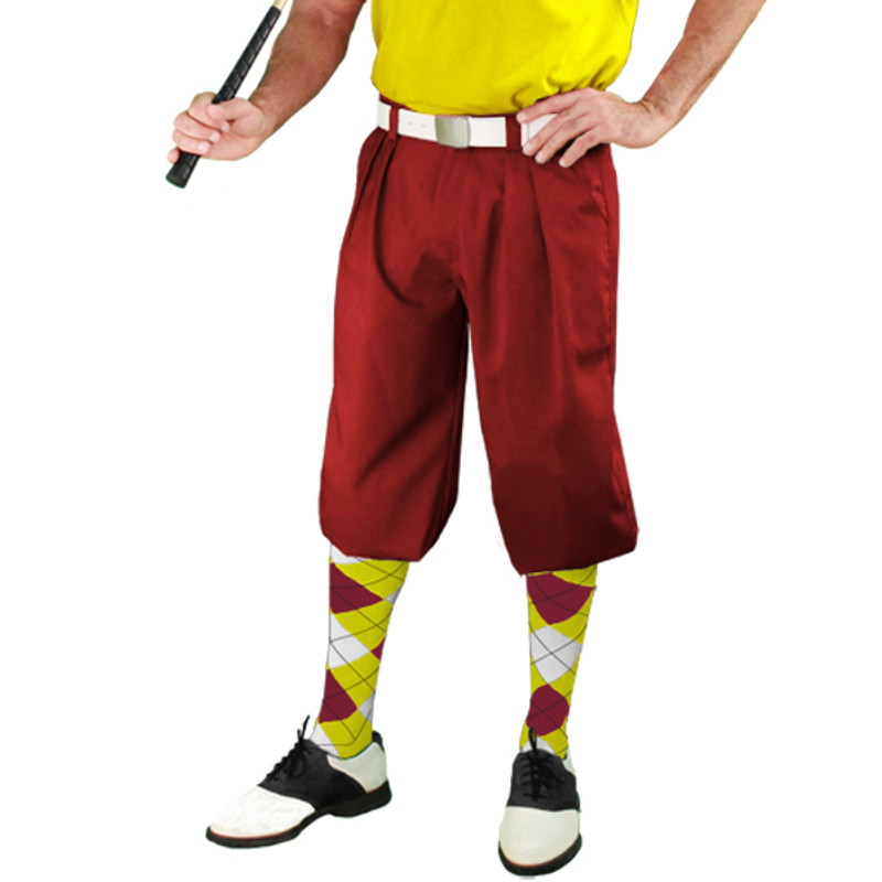 Mens Outdoor Sports Maroon Microfiber Golf Knickers with Yellow, Maroon and White Argyle Socks