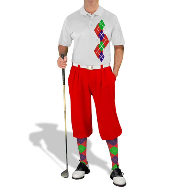 Mens Sport Pro Dry White Microfiber Shirt with Red, Purple and Lime Green Argyle Paradise Design with Red Golf Knickers and Matching Argyle Socks