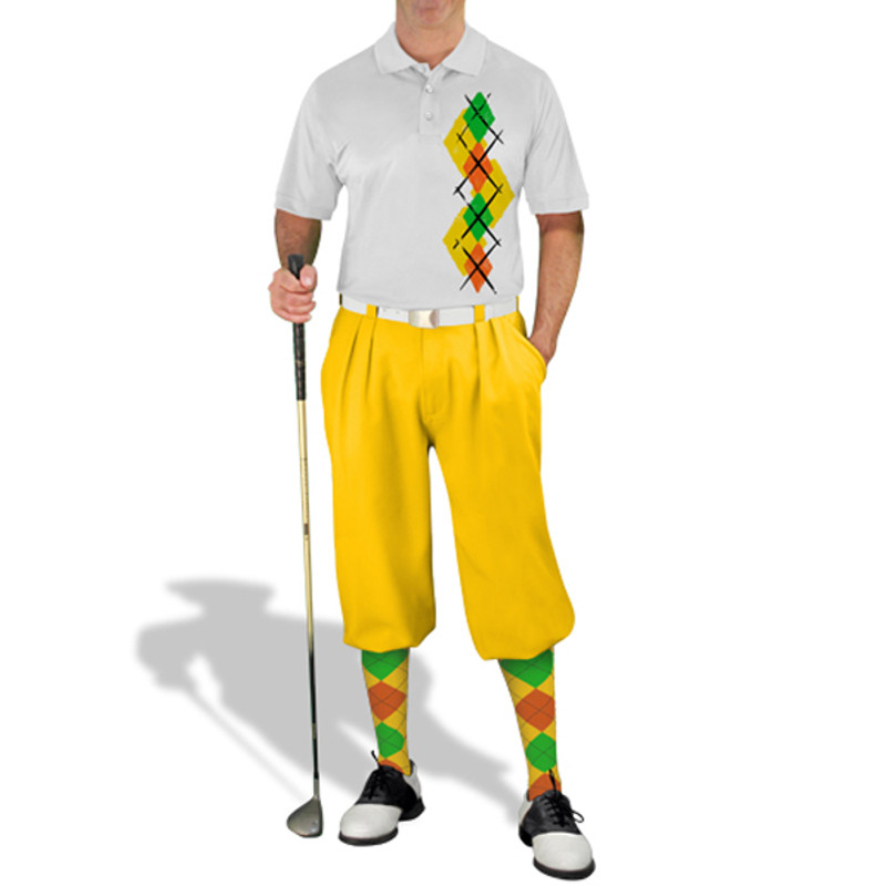 Mens Sport Pro Dry White Microfiber Shirt with Yellow, Orange and Lime Green Argyle Paradise Design with Yellow Golf Knickers and Matching Argyle Socks
