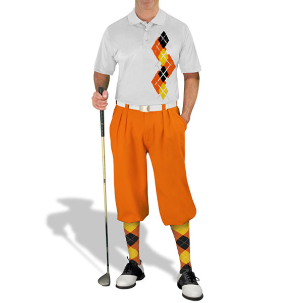 Mens Sport Pro Dry White Microfiber Shirt with Orange, Yellow and Black Argyle Paradise Design with Orange Golf Knickers and Matching Argyle Socks