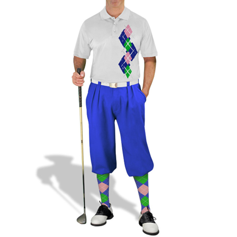 Mens Sport Pro Dry White Microfiber Shirt with Royal Blue, Lime Green and Pink Argyle Paradise Design with Royal Blue Golf Knickers and Matching Argyle Socks