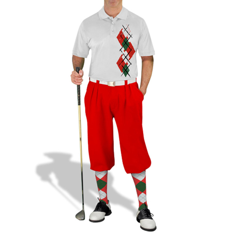 Mens Sport Pro Dry White Microfiber Shirt with Red, Dark Green and White Argyle Paradise Design with Red Golf Knickers and Matching Argyle Socks