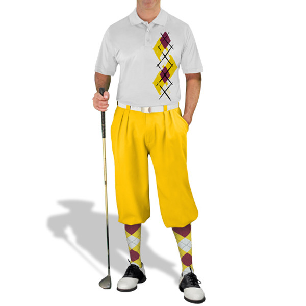 Mens Sport Pro Dry White Microfiber Shirt with Yellow, Maroon and White Argyle Paradise Design with Yellow Golf Knickers and Matching Argyle Socks