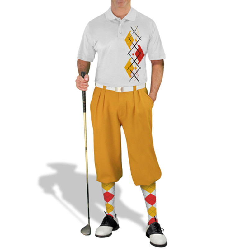 Mens Sport Pro Dry White Microfiber Shirt with Khaki, Royal Blue and White Argyle Paradise Design with Gold Golf Knickers and Matching Argyle Socks