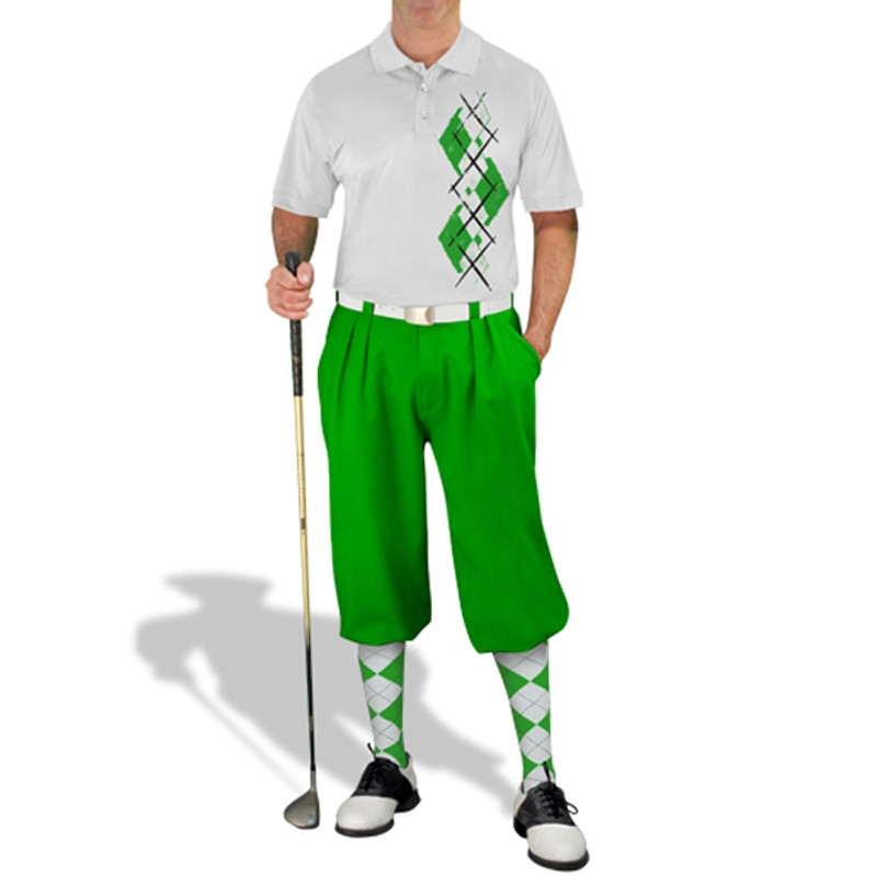 Mens Sport Pro Dry White Microfiber Shirt with Lime Green and White Argyle Paradise Design with Lime Green Golf Knickers and Matching Argyle Socks