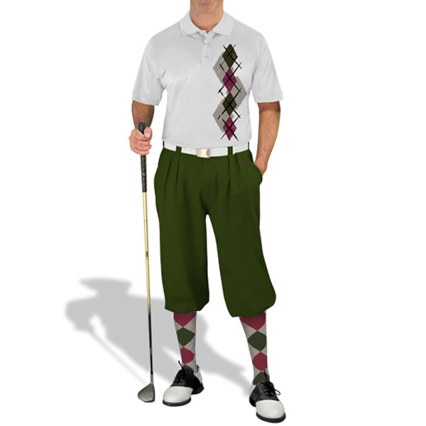 Mens Sport Pro Dry White Microfiber Shirt with Taupe, Maroon and Olive Argyle Paradise Design with Olive Golf Knickers and Matching Argyle Socks