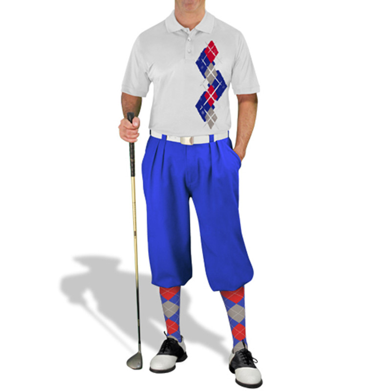 Mens Sport Pro Dry White Microfiber Shirt with Royal, Taupe and Red Argyle Paradise Design with Royal Golf Knickers and Matching Argyle Socks