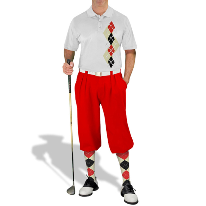 Mens Sport Pro Dry White Microfiber Shirt with Natural, Black and Red Argyle Paradise Design with Red Golf Knickers and Matching Argyle Socks