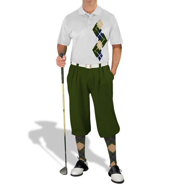 Mens Sport Pro Dry White Microfiber Shirt with Olive, Navy and Khaki Argyle Paradise Design with Olive Golf Knickers and Matching Argyle Socks