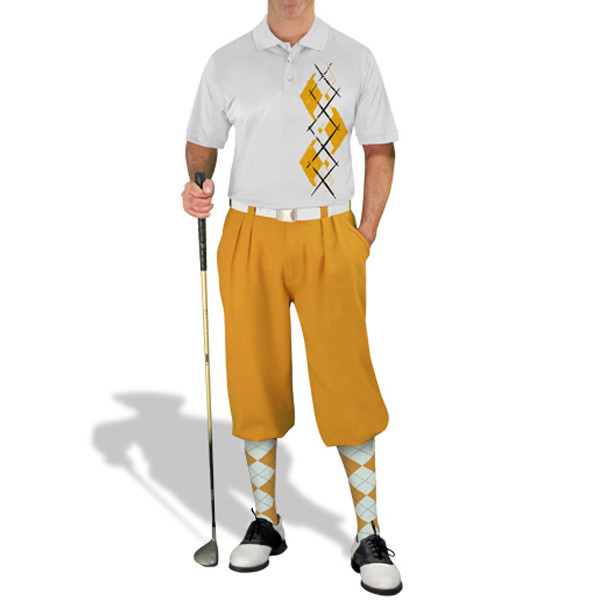 Mens Sport Pro Dry White Microfiber Shirt with Gold and White Argyle Paradise Design with Gold Golf Knickers and Matching Argyle Socks