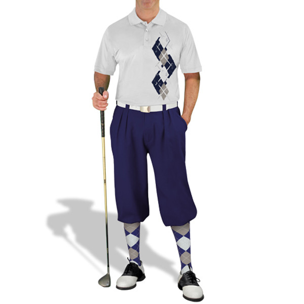 Mens Sport Pro Dry White Microfiber Shirt with Navy Blue, Taupe and White Argyle Paradise Design with Navy Blue Golf Knickers and Matching Argyle Socks