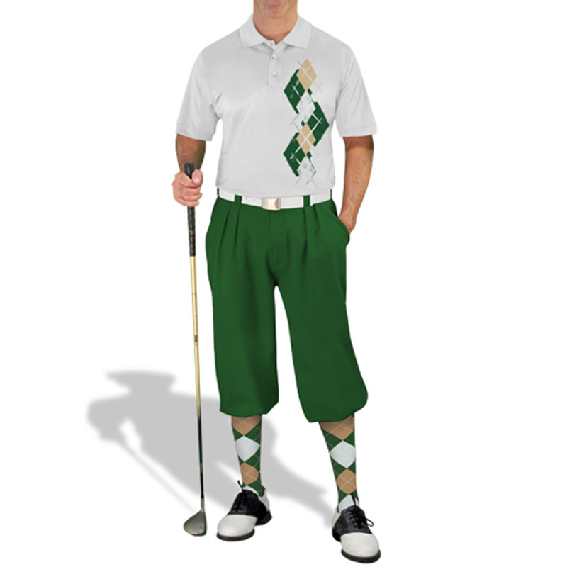 Mens Sport Pro Dry White Microfiber Shirt with Dark Green, Khaki and White Argyle Paradise Design with Dark Green Golf Knickers and Matching Argyle Socks