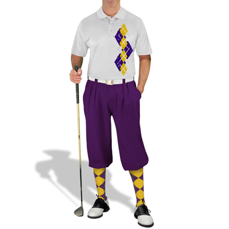 Mens Sport Pro Dry White Microfiber Shirt with Purple and Yellow Argyle Paradise Design with Purple Golf Knickers and Matching Argyle Socks