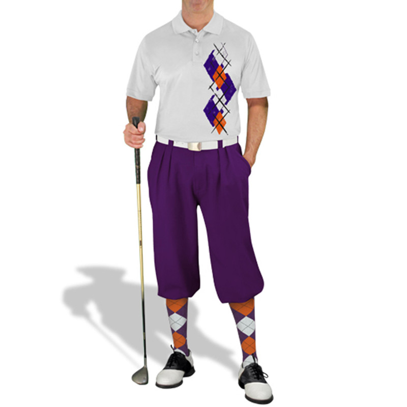 Mens Sport Pro Dry White Microfiber Shirt with Purple, Orange and White Argyle Paradise Design with Purple Golf Knickers and Matching Argyle Socks
