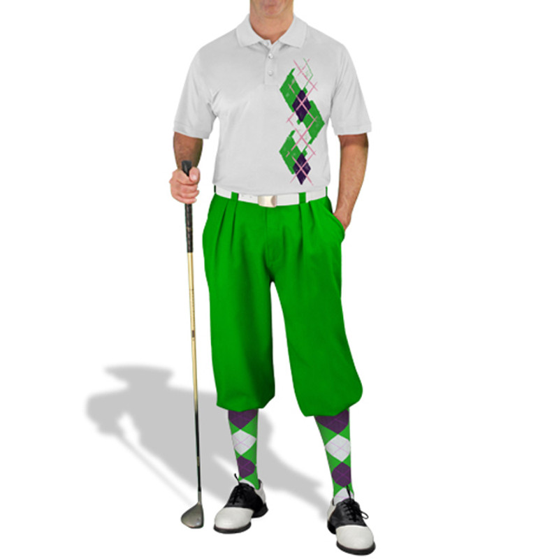 Mens Sport Pro Dry White Microfiber Shirt with Lime Green, Purple and White Argyle Paradise Design with Lime Green Golf Knickers and Matching Argyle Socks