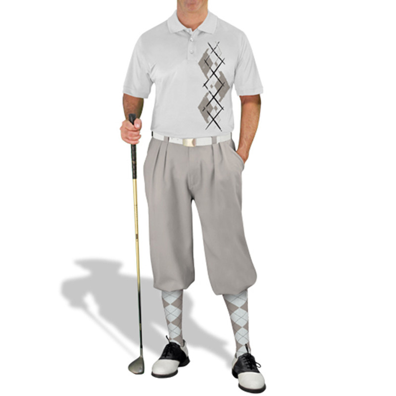 Mens Sport Pro Dry White Microfiber Shirt with Taupe and White Argyle Paradise Design with Taupe Golf Knickers and Matching Argyle Socks