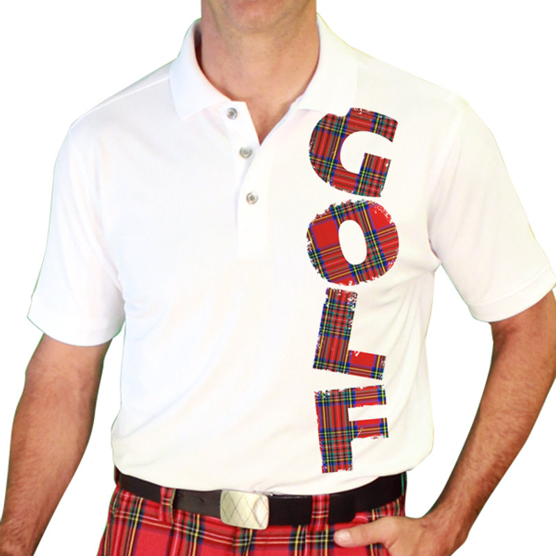 Mens Sport Pro Dry White Microfiber Shirt with Royal Stewart Plaid Golf Design
