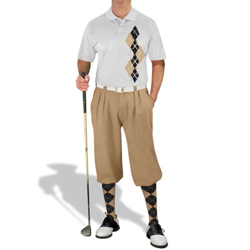 Mens Sport Pro Dry White Microfiber Shirt with Khaki and Black Argyle Paradise Design with Khaki Golf Knickers and Matching Argyle Socks