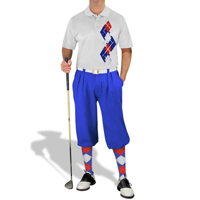 Mens Sport Pro Dry White Microfiber Shirt with Royal Blue, Red and White Argyle Paradise Design with Royal Blue Golf Knickers and Matching Argyle Socks
