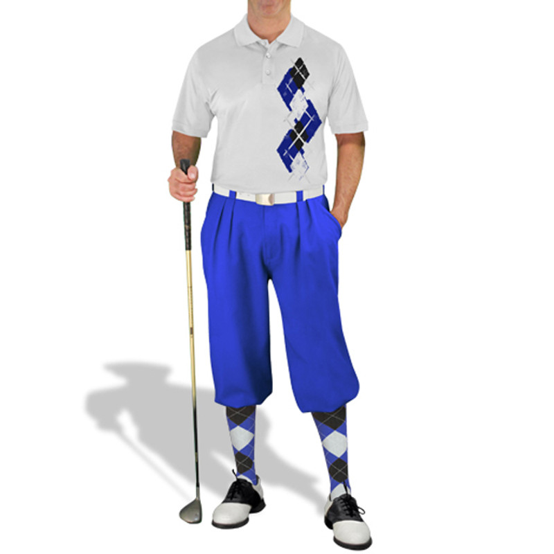 Mens Sport Pro Dry White Microfiber Shirt with Royal Blue, Black and White Argyle Paradise Design with Royal Blue Knickers and Matching Argyle Socks