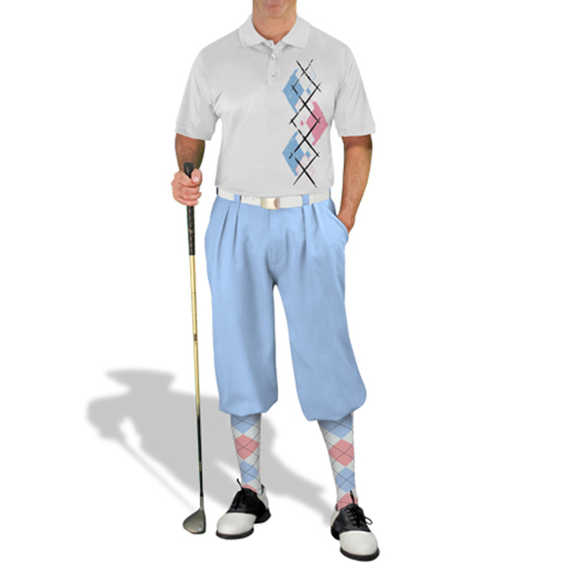 Mens Sport Pro Dry White Microfiber Shirt with White, Pink and Light Blue Argyle Paradise Design with Light Blue Golf Knickers and Matching Argyle Socks