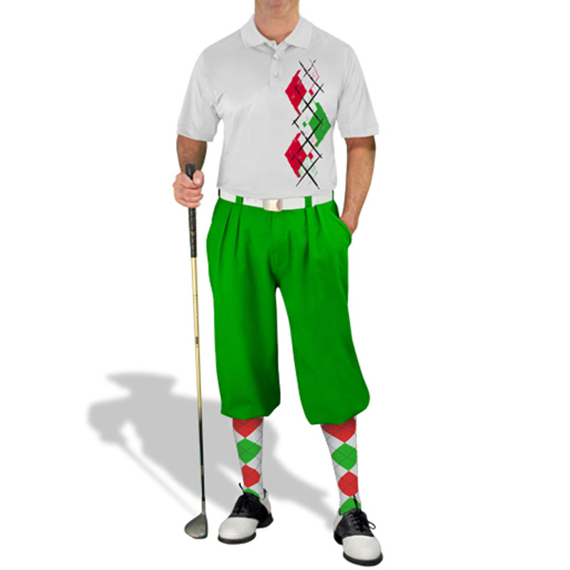 Mens Sport Pro Dry White Microfiber Shirt with White, Lime Green and Red Argyle Paradise Design with Lime Green Golf Knickers and Matching Argyle Socks