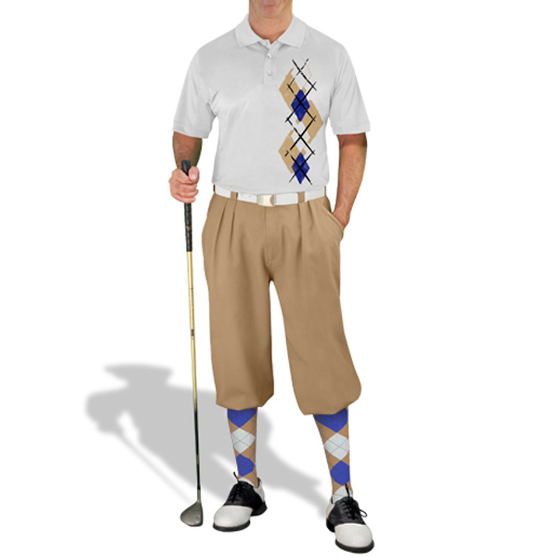 Mens Sport Pro Dry White Microfiber Shirt with Khaki, Royal Blue and White Argyle Paradise Design with Khaki Golf Knickers and Matching Argyle Socks