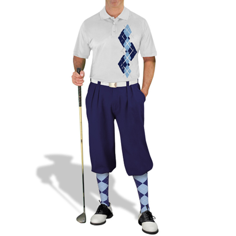 Mens Sport Pro Dry White Microfiber Shirt with Navy Blue and Light Blue Argyle Paradise Design with Navy Blue Golf Knickers and Matching Argyle Socks