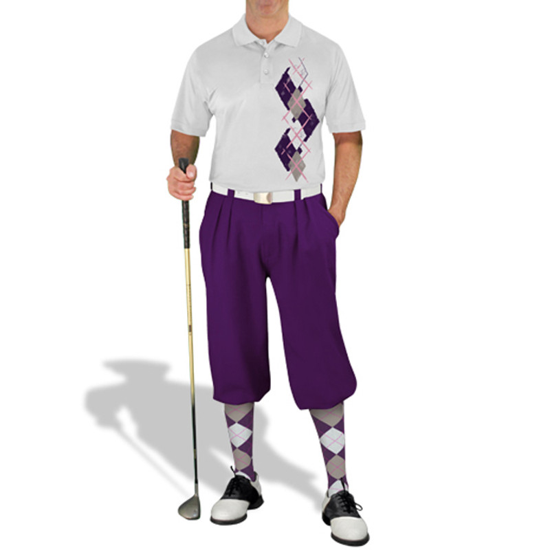Mens Sport Pro Dry White Microfiber Shirt with Purple, Taupe and White Argyle Paradise Design with Purple Golf Knickers and Matching Argyle Socks