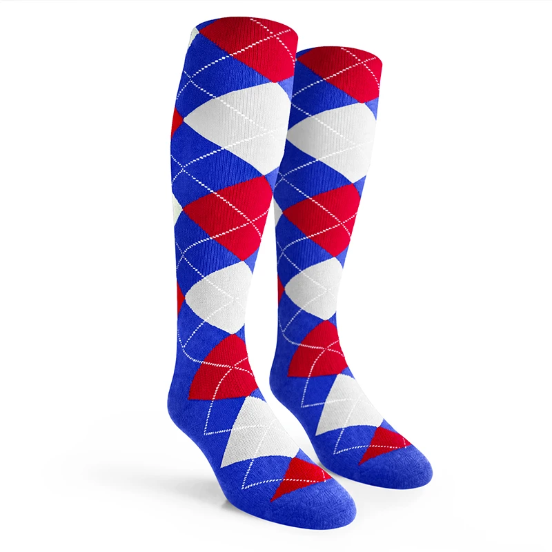 Youth Over the Calf Argyle Socks Royal Blue, Red and White