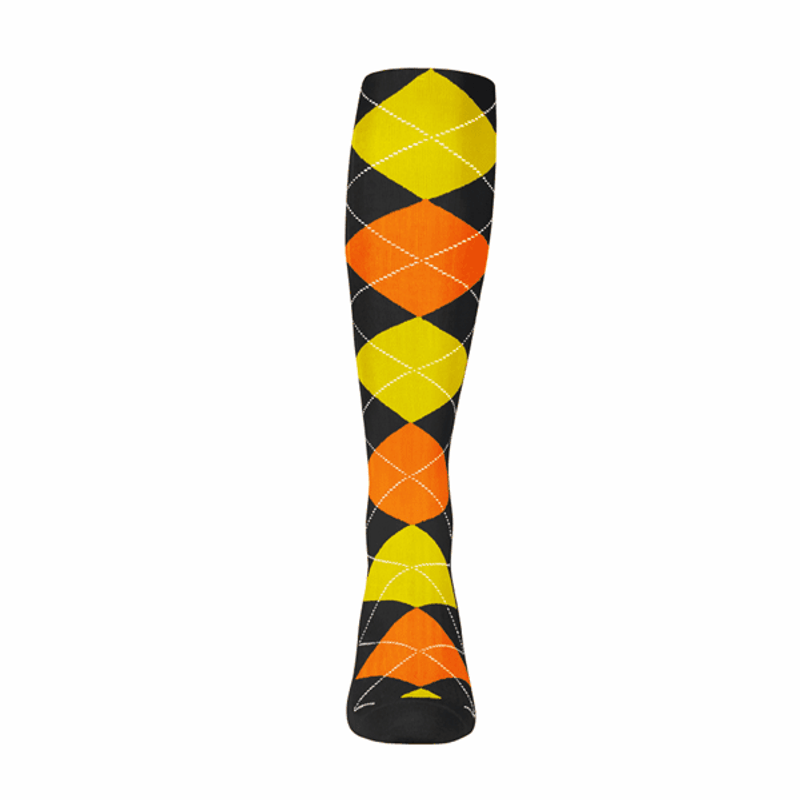 Ladies Over the Calf Argyle Sock Black, Orange and Yellow 360 View
