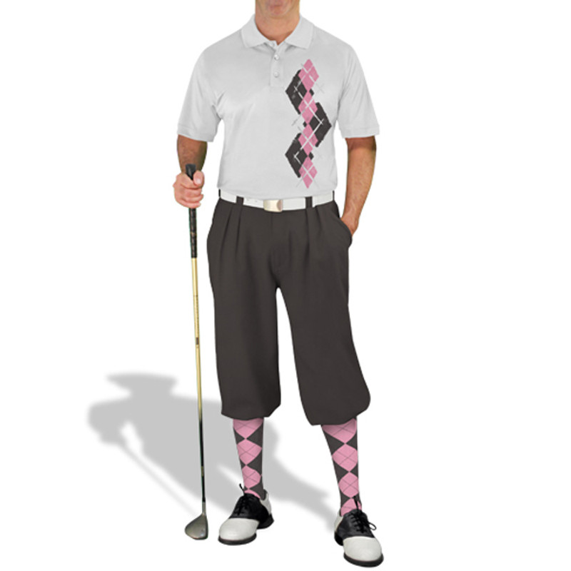 Mens Sport Pro Dry White Microfiber Shirt with Charcoal and Pink Argyle Paradise Design With Charcoal Golf Knickers and Matching Argyle Socks