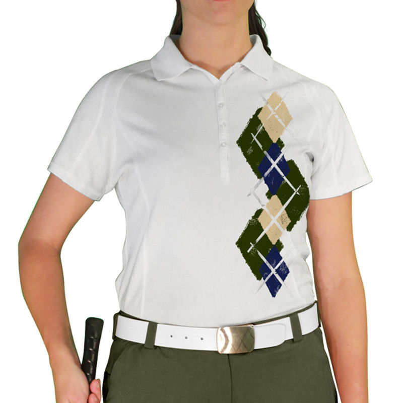 Ladies Sport Pro Dry White Microfiber Shirt with Olive, Navy and Khaki Argyle Paradise Design Front