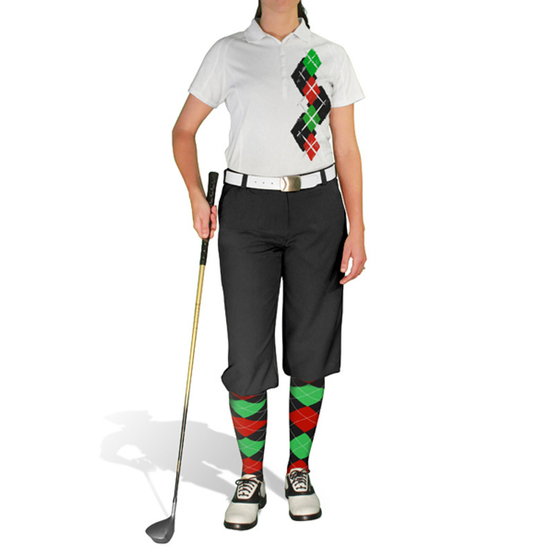 Ladies Sport Pro Dry White Microfiber Shirt with Black, Red and Lime Green Argyle Paradise Design with Black Golf Knickers and Matching Argyle Socks