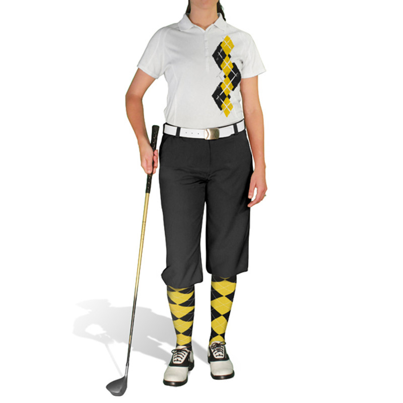 Ladies Sport Pro Dry White Microfiber Shirt with Black and Yellow Argyle Paradise Design with Black Golf Knickers and Matching Argyle Socks