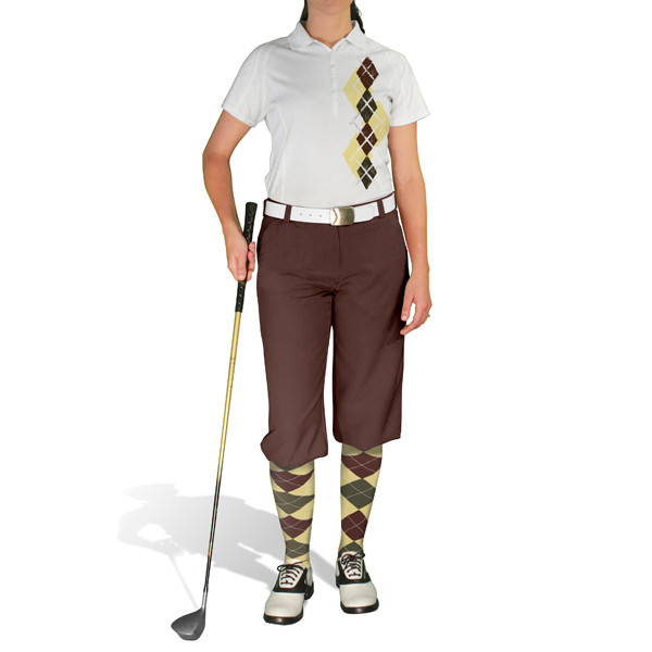 Ladies Sport Pro Dry White Microfiber Shirt with Butter, Olive and Brown Argyle Paradise Design With Brown Golf Knickers and Matching Argyle Socks