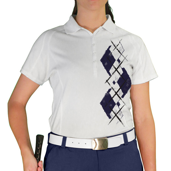 Ladies Sport Pro Dry White Microfiber Shirt with Navy Blue and White Argyle Paradise Design Front